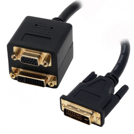 Adaptateur en câble DVI-I mâle / HD15 femelle + DVI-I femelle - 20cm