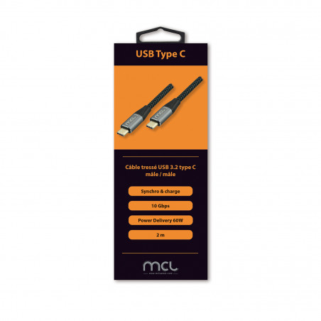 Câble USB 3.2 Type C mâle/mâle Gen 2 10Gb 60W 3A Tressé-2m ColorBox