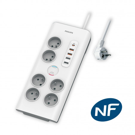 Philips - Multiprise parasurtenseur, 6 prises+Type-C+4xUSB-A-2m Blanc