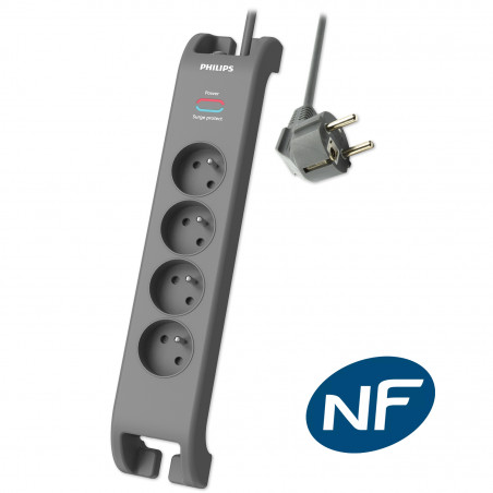 Philips - Rallonge multiprise parasurtenseur, 4 prises-2m Gris