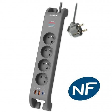 Philips - Multiprise parasurtenseur, 4 prises+Type-C+2xUSB-A-2m Gris