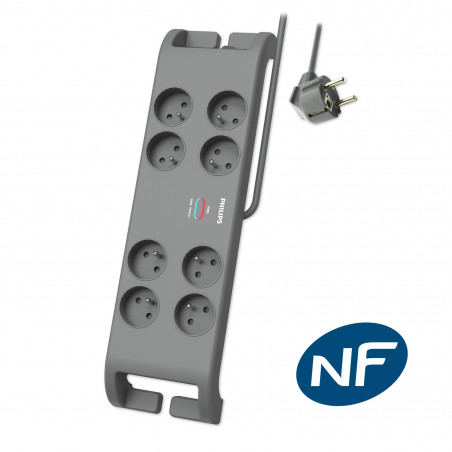 Philips - Rallonge multiprise parasurtenseur, 8 prises-2m Gris