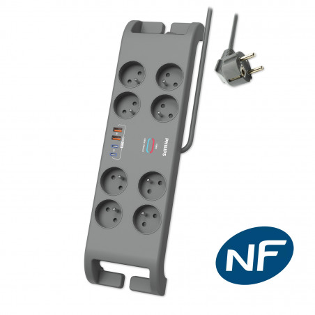 Philips - Multiprise parasurtenseur, 8 prises+2xType-C+2xUSB-A-2m Gris