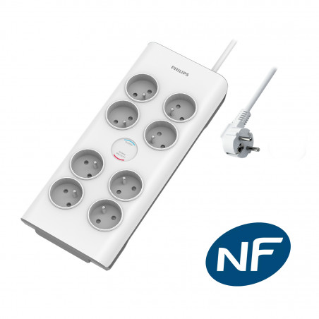 Philips - Rallonge multiprise parasurtenseur, 8 prises-2m Blanc