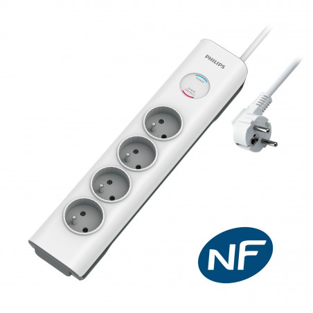 Philips - Rallonge multiprise parasurtenseur, 4 prises-2m Blanc