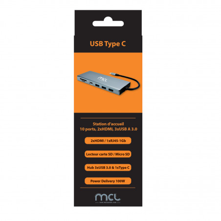 Station d'accueil 10 ports, HDMI, RJ45, USB 3.0, USB Type C, PD 100W ColorBox